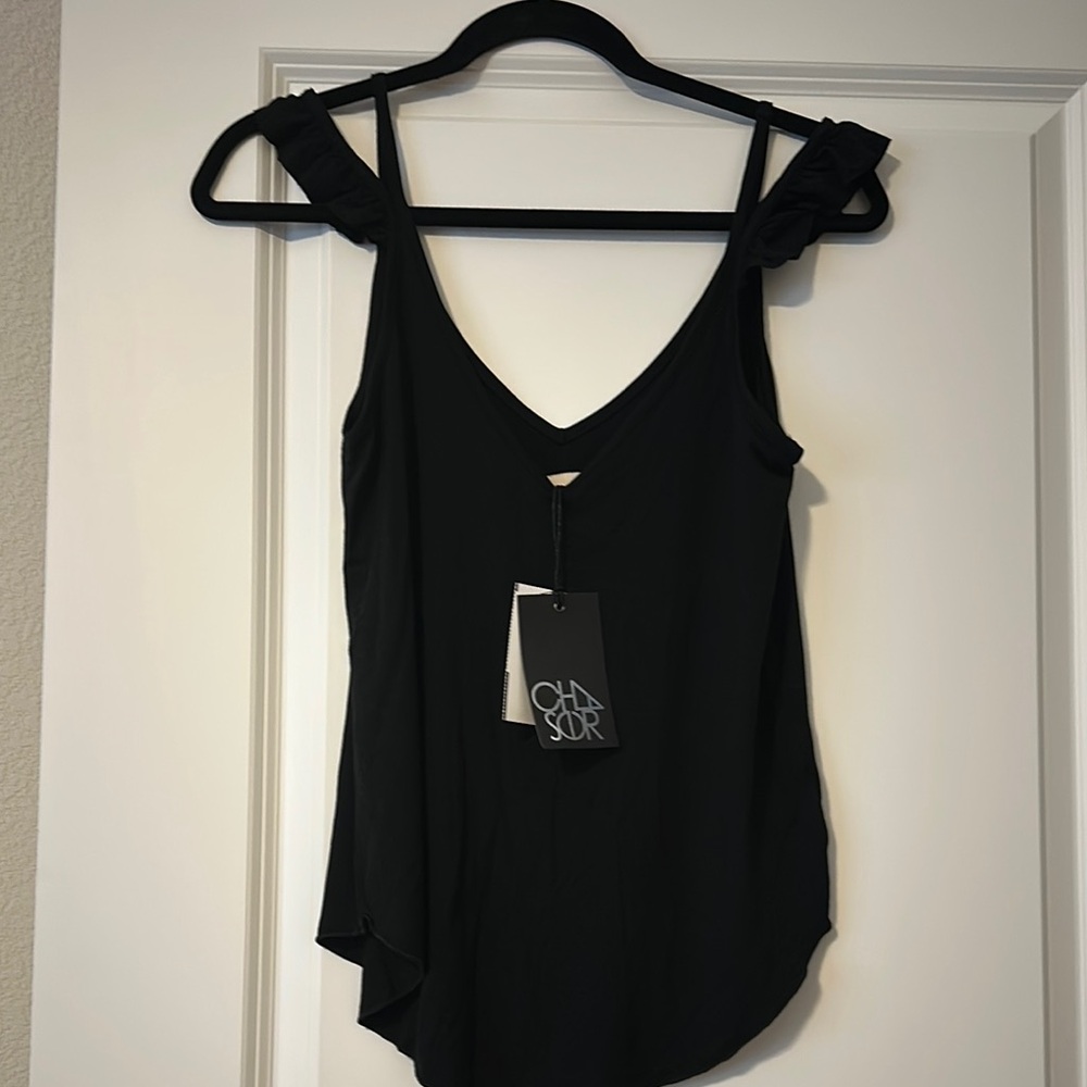 NWT sz XS Chaser Black Ruffle Strap Camisole Sleeveless Top